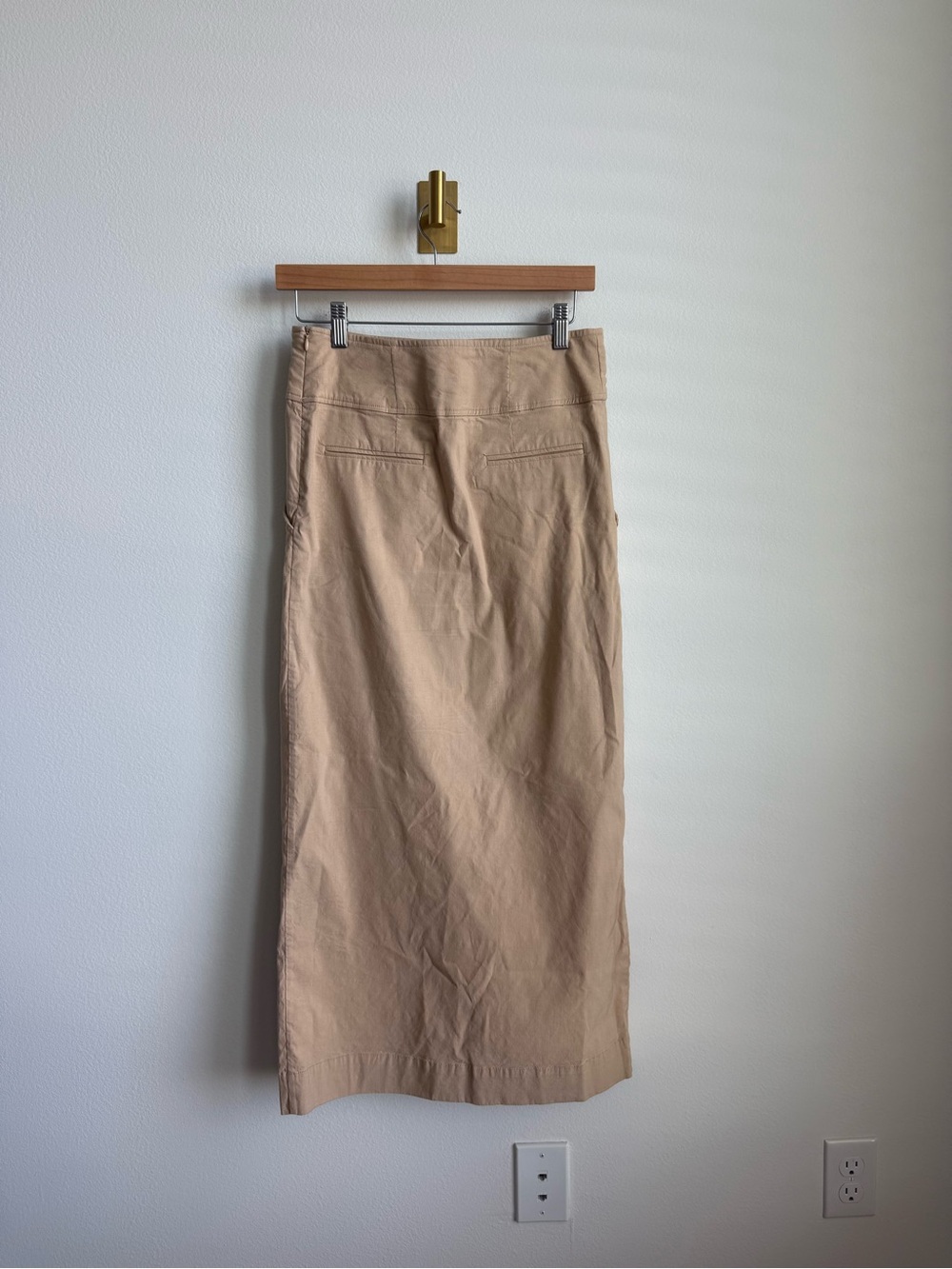 Anthropologie Slim Column Maxi Skirt Tan Linen Blend Front Slit Pockets Size 4 - Picture 9 of 16
